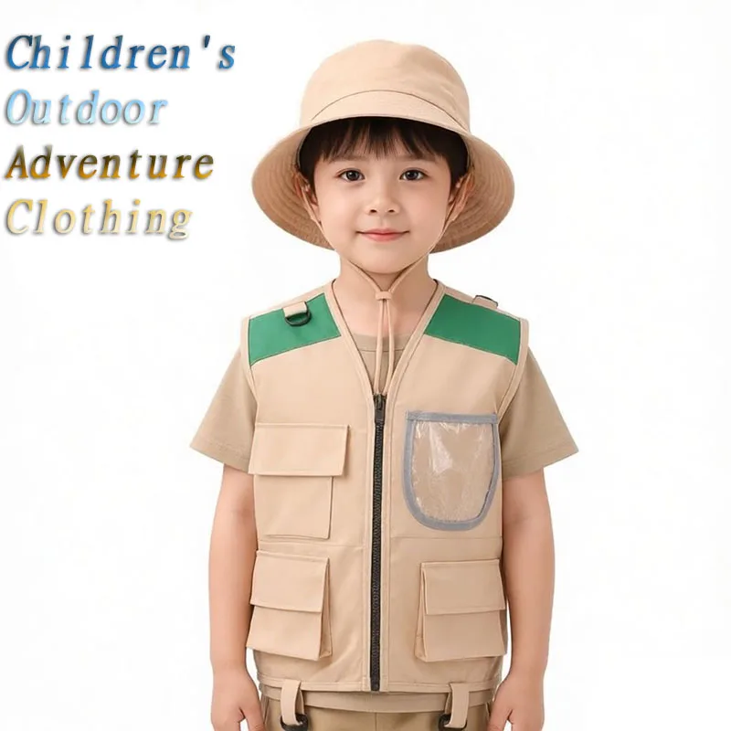Outdoor Adventure Kit For Kids - 子供用ハロウィーンコスチューム、探検家風の帽子とベスト、変装ゲーム用、カーゴデザイン、子供向けアウトドアアドベンチャーキット、ベストと帽子、女の子と男の子向け。
