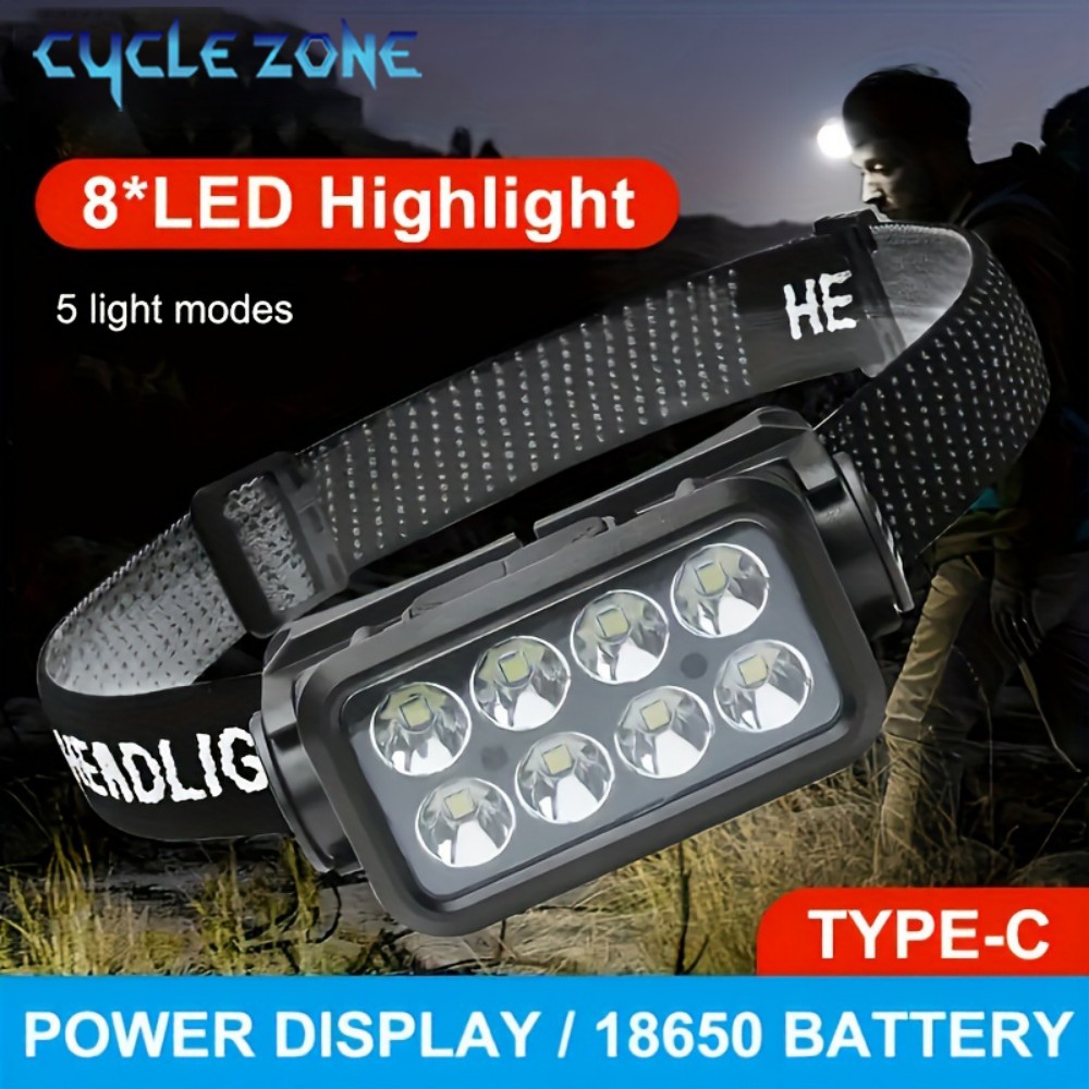 Outdoor Adventure Zone - 誘導センサー付き充電式ヘッドランプ,タイプC,8 LED,懐中電灯,屋外,キャンプ,釣り,5つの照明モード
